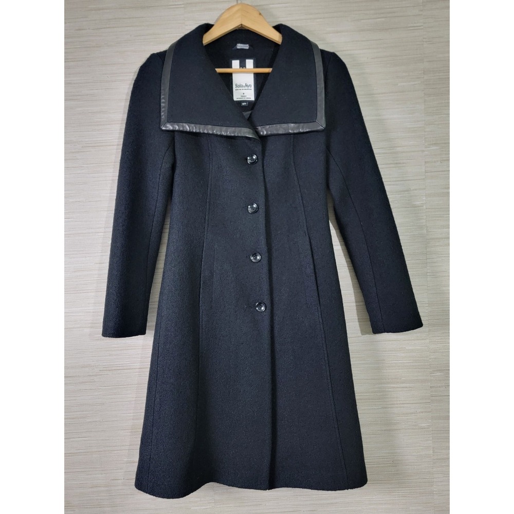 Soya & Kyo Women's Wool Blend Long Coat Black Leather Trim Made in Canada